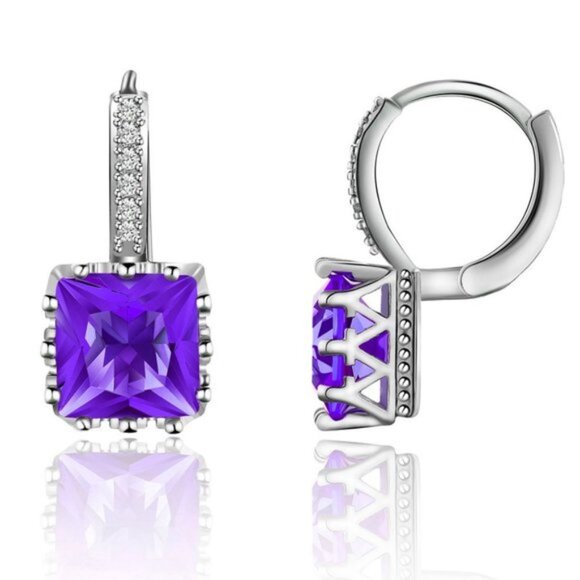 NEW 8CT Princess Cut Amethyst Diamond Hoop Earrings - Picture 2 of 2